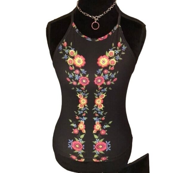 A’Gaci Racerback Top, Black with Floral Print, Size Large - Picture 1 of 4